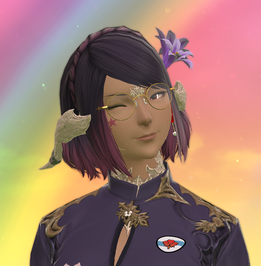 Au Ra woman with short purple hair winking and making a heart shape with her hands.