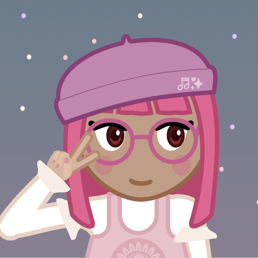 A vector drawing of a pink haired girl with glasses and a lavender beret doing a peace salute.