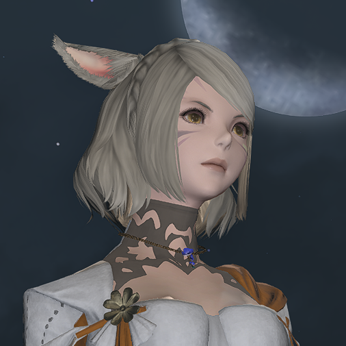 Miqo'te woman with short silver hair looking into the distance with a moon in the background.