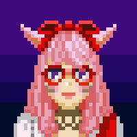 Pixel art drawing of a pink haired catgirl wearing a red bowtie on her head, and red framed glasses.