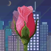 A pixel art drawing of a pink rose.